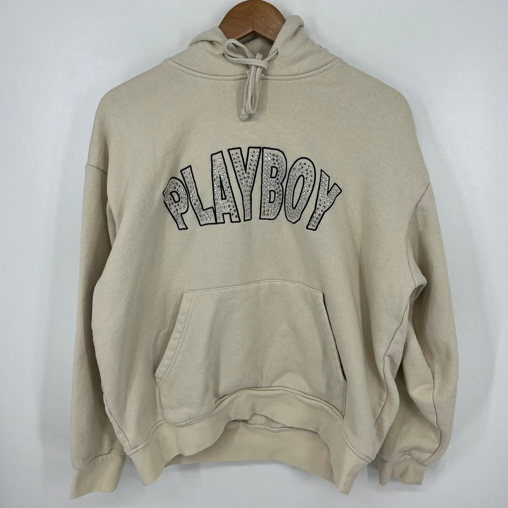 Playboy by PacSun Womens Beige Rhinestone Logo Fleece Hoodie Size Medium
